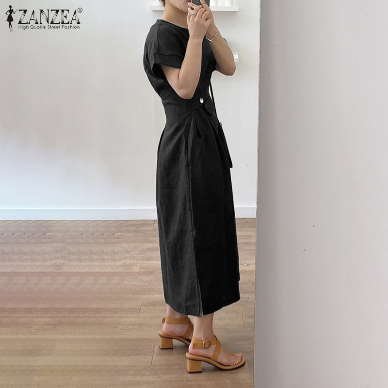 Đầm Maxi ZANZEA Dáng Rộng Tay Ngắn Cổ Tròn Phối Túi Bên Cho Nữ | BigBuy360 - bigbuy360.vn