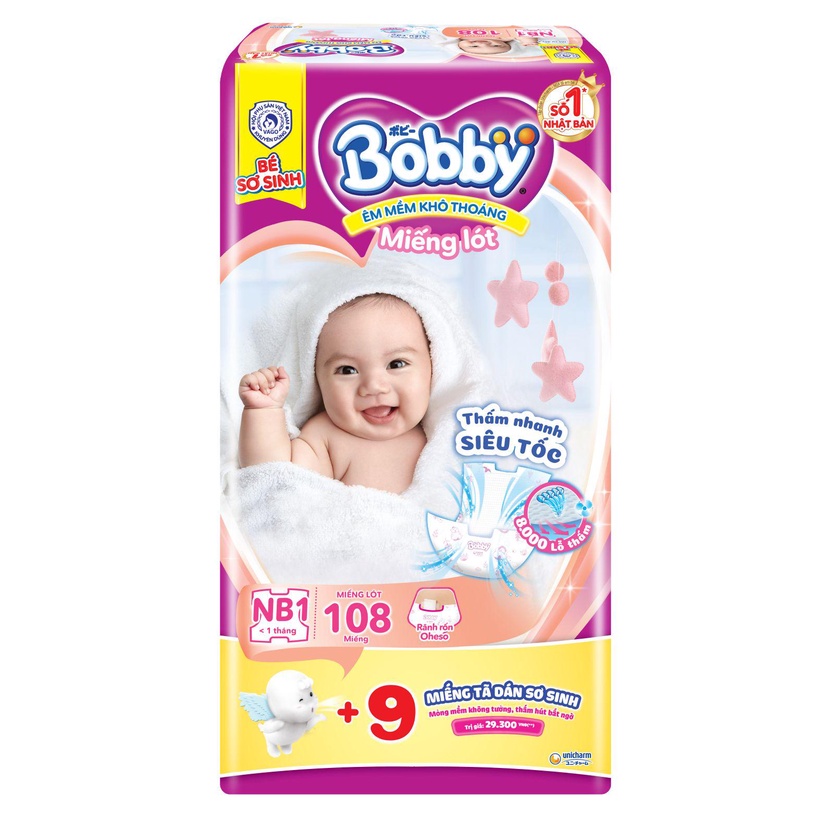 Combo Bobby: 1 Miếng lót siêu thấm Newborn 1 - 108 miếng (cộng 9 miếng)  và 1 Gói khăn ướt trẻ em không hương 100 tờ