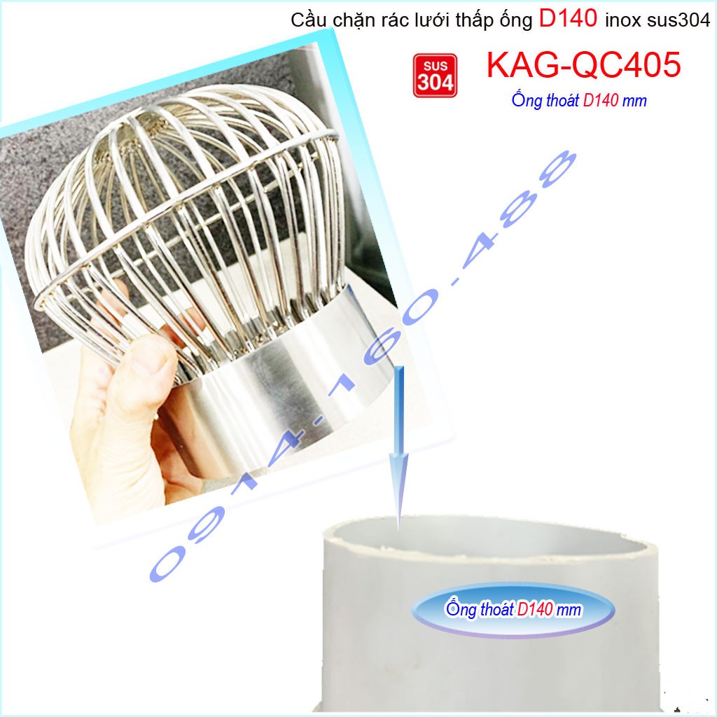 Cầu chắn rác lưới đế thấp KAG-QC405 -ống D140, Cầu thoát nước mưa SUS304 inox dày cao cấp