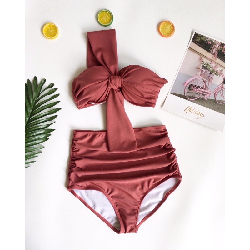 Bikini 2 mảnh áo gong 1 vai  mút điều nâng đi kèm quần cạp cao nhún
