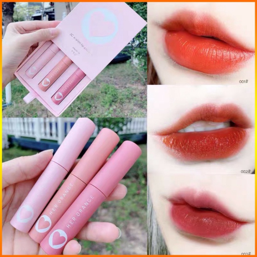 Son kem lì ❤️𝑭𝒓𝒆𝒆𝒔𝒉𝒊𝒑❤️ Set 3 cây son kem lì herorange hộp trái tim hồng siêu cute sang chảnh