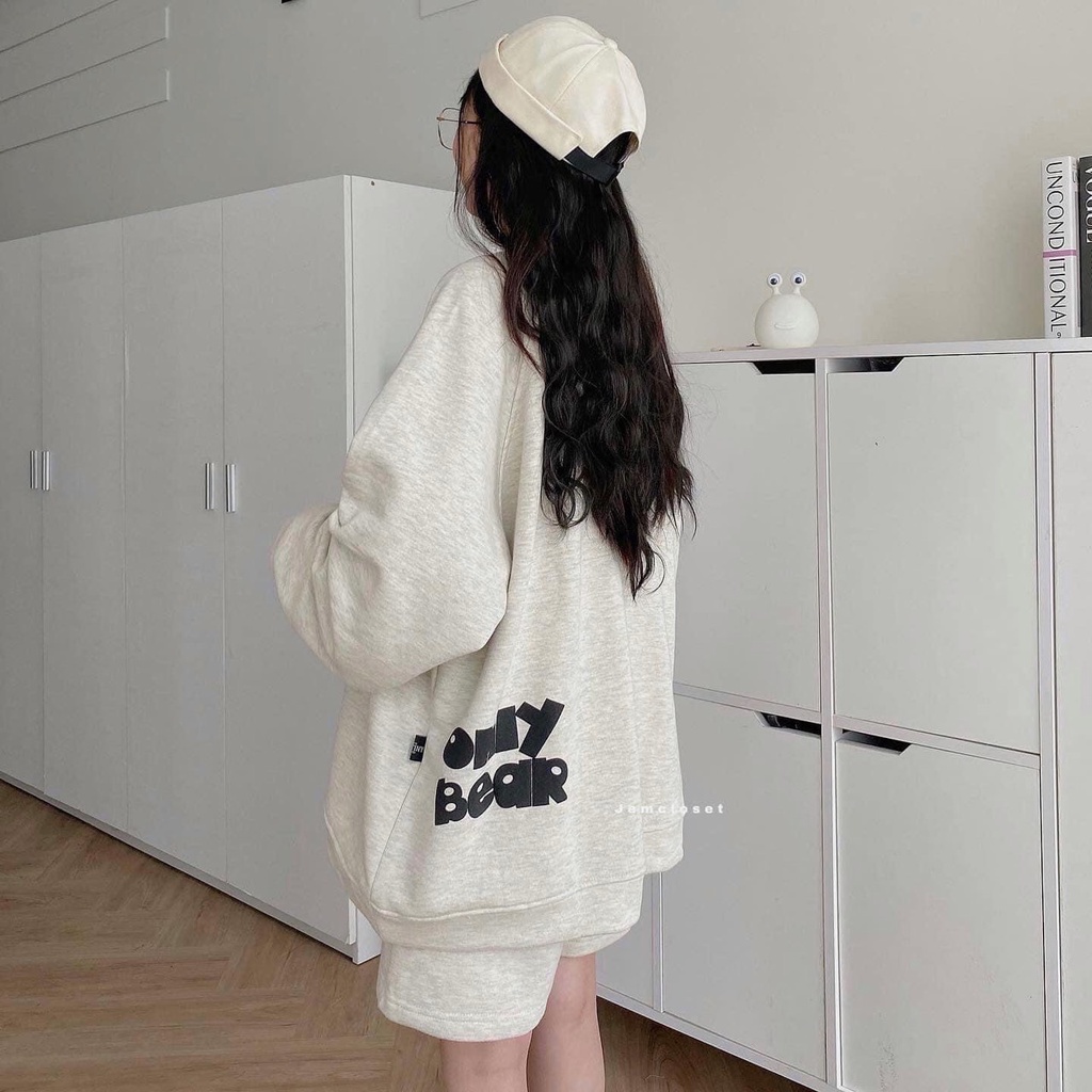 Bộ Nỉ Áo Sweater Kèm Quần Sort - Set Bộ Tay Phồng Form Rộng Phong Cách Hàn Quốc Hình Gấu