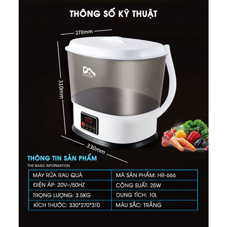 Máy rửa rau củ Dhome HR-666 - Khử trùng thực phẩm, Rau củ quả, các loại thịt, Thủy hải sản bằng sục Ozone 10L