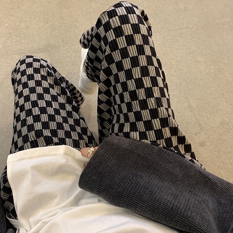 Quần ống rộng Họa Tiết Sọc Caro Thời Trang Thu Đông Cá Tính Cho Nữ