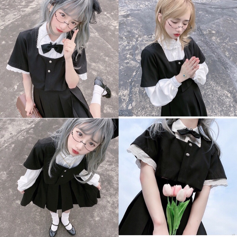 YAS0050-Set Jk nhật Maria sơ mi viền ren áo vest ngắn