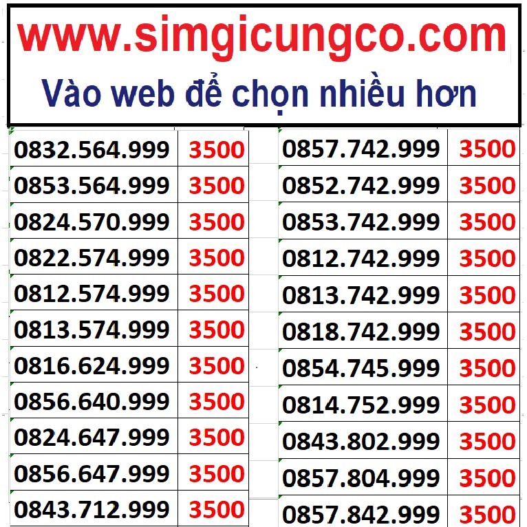 Bán sim số đẹp tam hoa 999 giá rẻ chỉ từ 3.5 triệu, 4