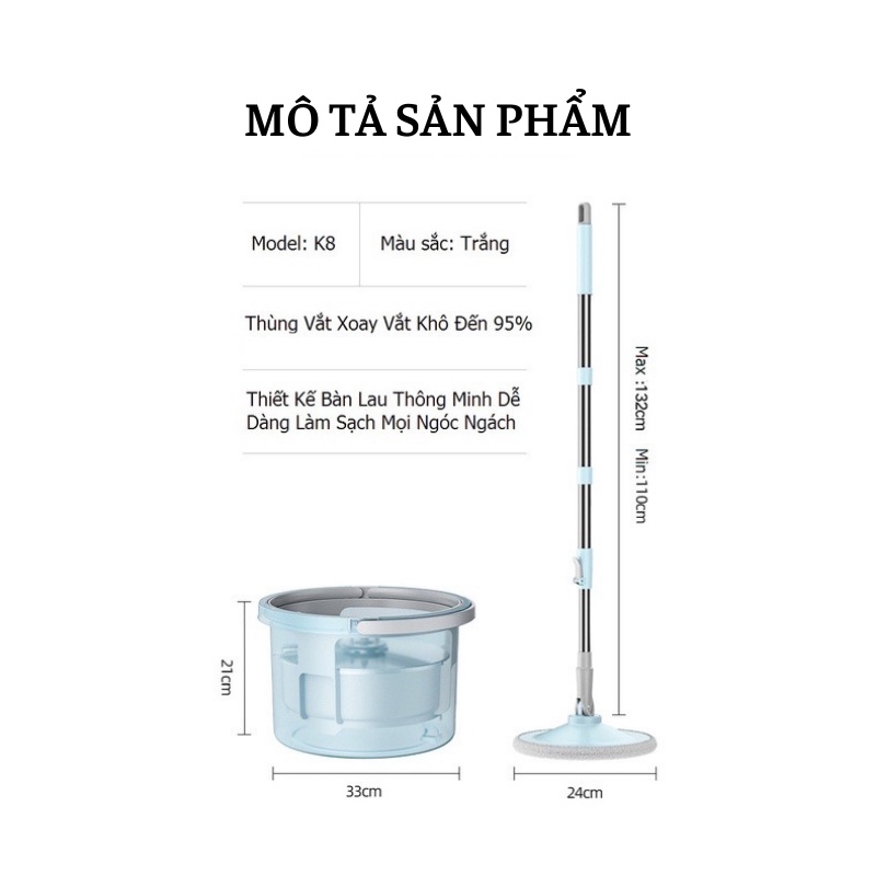 Chổi Lau Nhà Tách Nước Kitimop-K8 Thông Minh Vắt Xoay 360 Độ Cán Cầm Inox Chắc Chắn Thế Hệ Mới Kèm Ảnh Thật