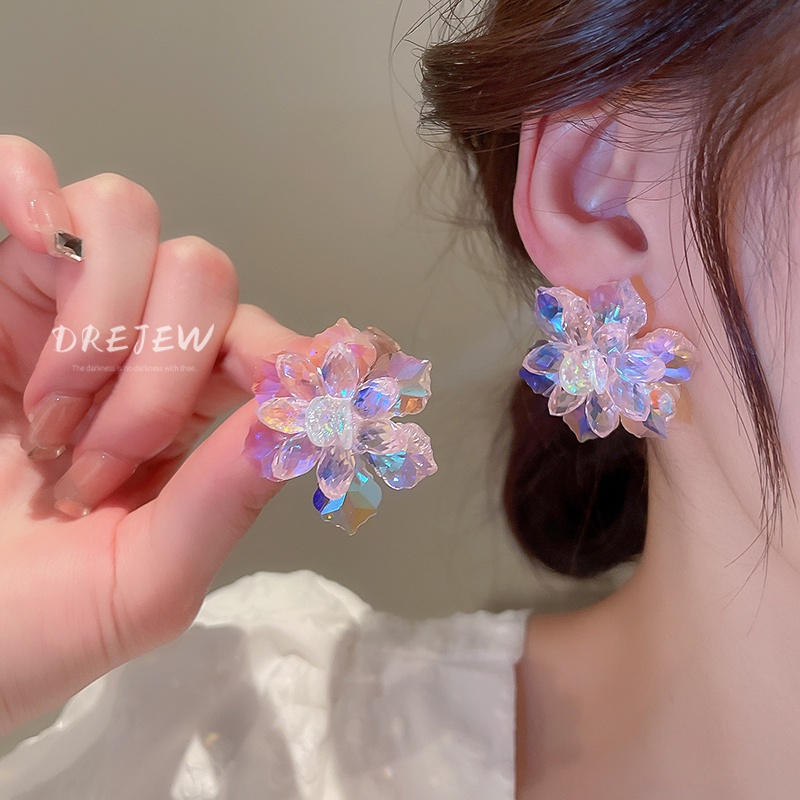 DREJEW Khuyên tai mạ bạc hình hoa đính đá nhiều màu sắc phong cách Hàn Quốc thời trang cho nữ
