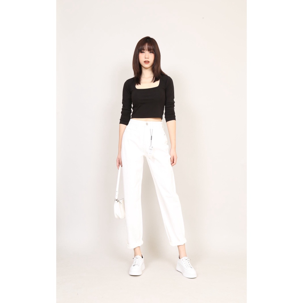 Quần Jean Nữ Đen Trắng Dáng Thụng Cạp Chun Có Cúc CT Jeans