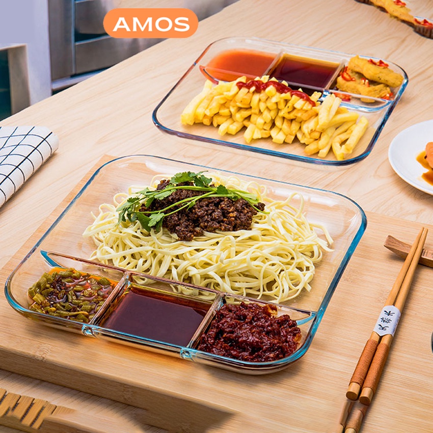 Khay cơm thủy tinh AMOS 4 ngăn chịu lực chịu nhiệt tốt,chống va đập dùng được cho lò vi sóng,lò nướng