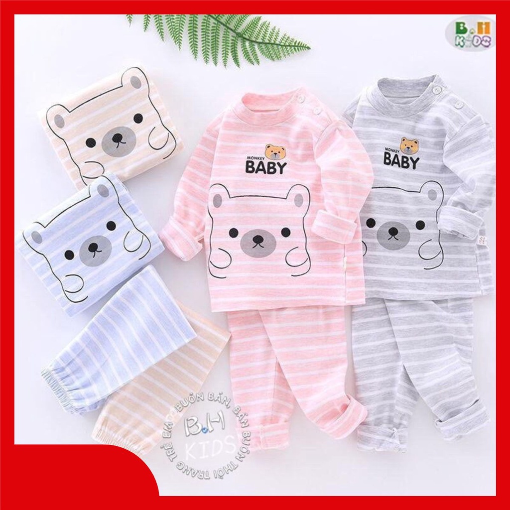 Bộ Quần Áo Dài Tay Thu Đông cho bé trai bé gái , Bộ Nỉ Kẻ Sọc chú khỉ Monkey Minky Mom size 5-17kg