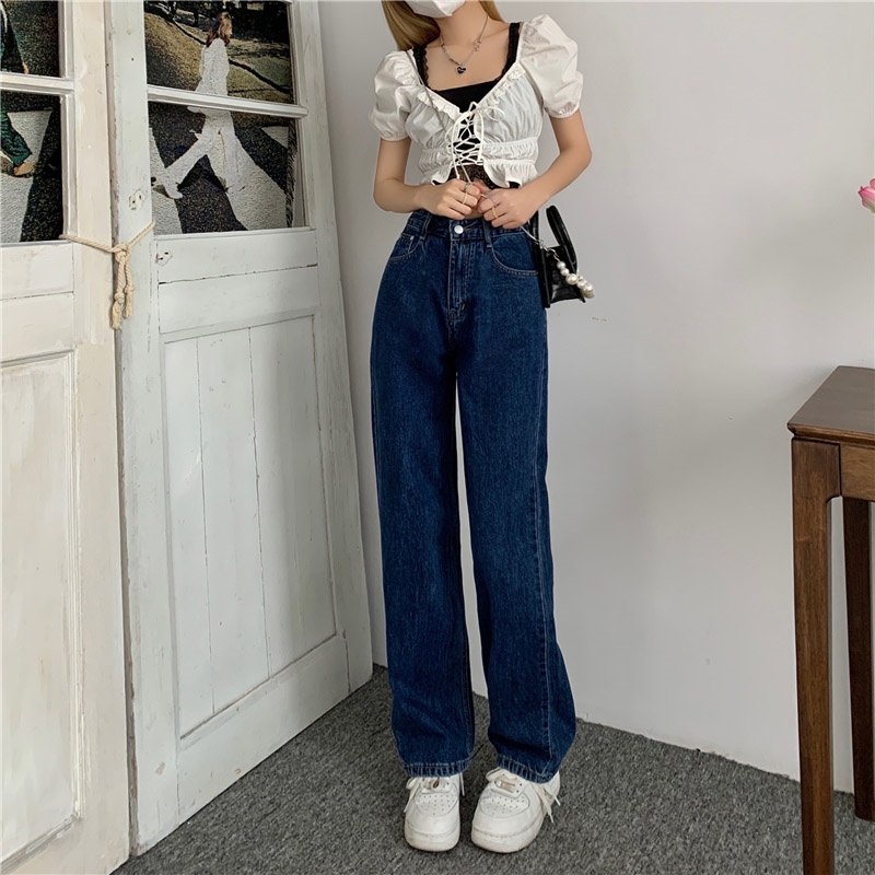 Quần jean ống suông rộng xanh đậm thương hiệu Aldore phong cách học sinh Ullzzang MSC4