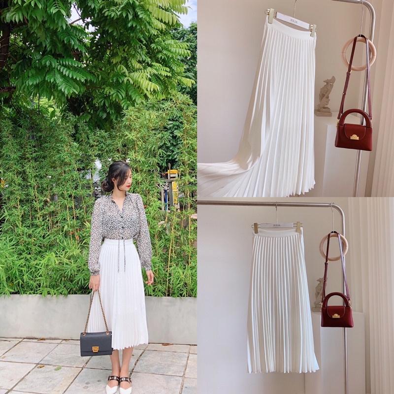 Chân váy julia studio xếp ly màu trắng kéo khóa bên hông form đẹp độ dài vừa phải | BigBuy360 - bigbuy360.vn