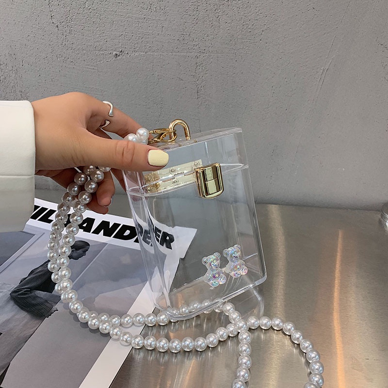 Túi đeo chéo Mini trong suốt phối dây xích thời trang mùa hè Hàn Quốc 2021