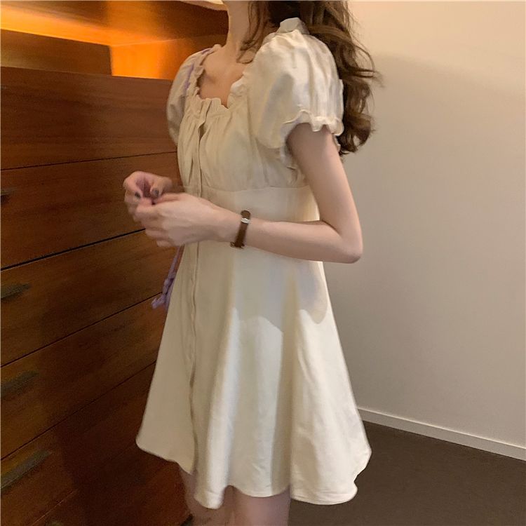 Đầm Trắng Ngắn Tay Phong Cách Retro Pháp Thanh Lịch Cho Nữ