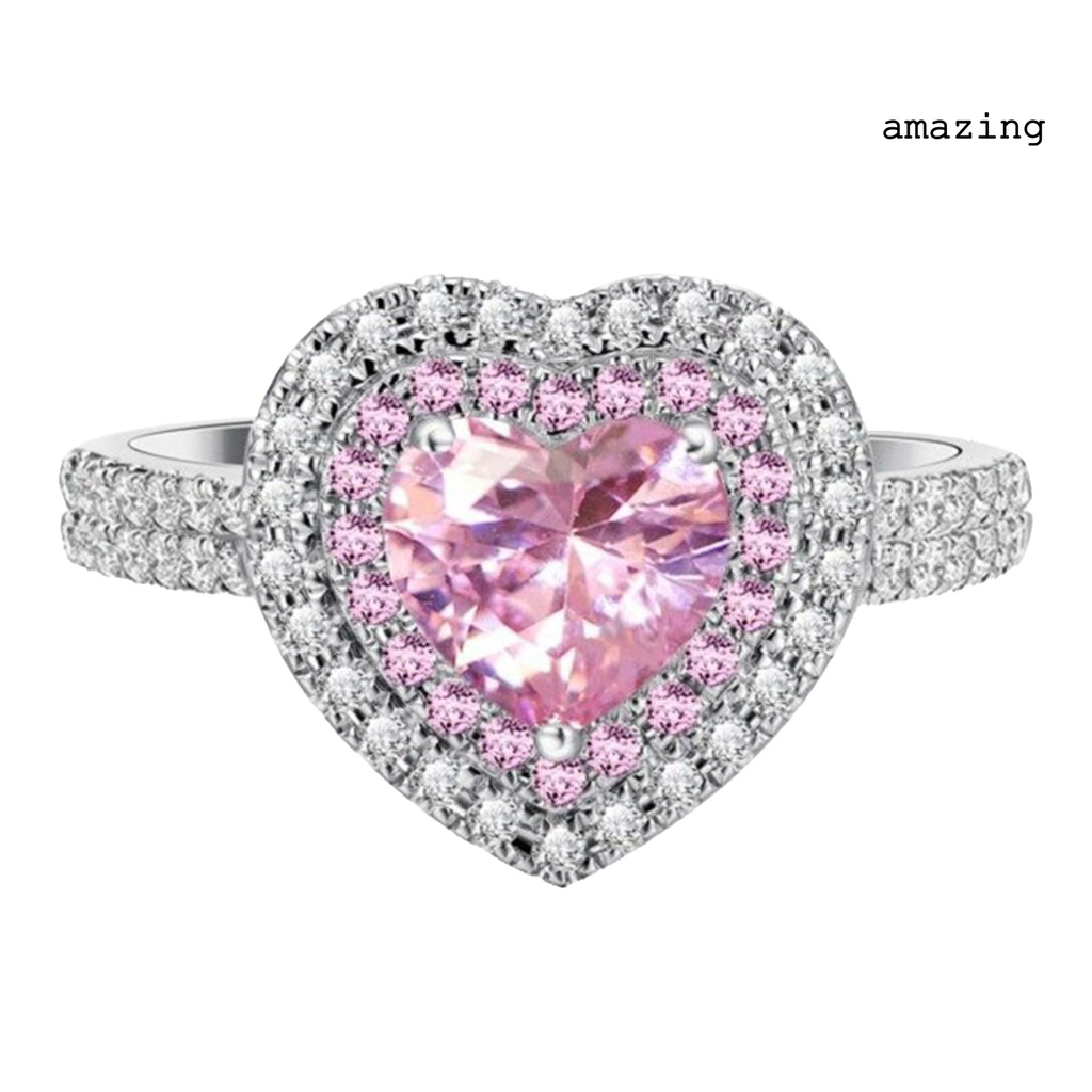 [AM] Pink Heart-shaped Rhinestone Ring Platinum Plated  Women Jewelry Accessories