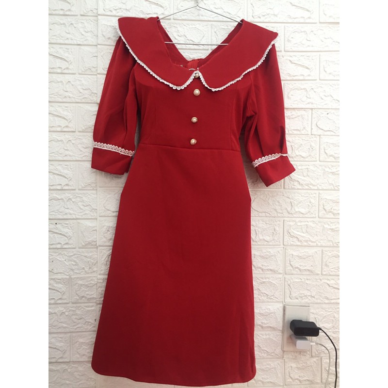 Đầm đỏ cổ sen tay lỡ phối ren size 50-72kg💕hàng y hình + video💕 | BigBuy360 - bigbuy360.vn