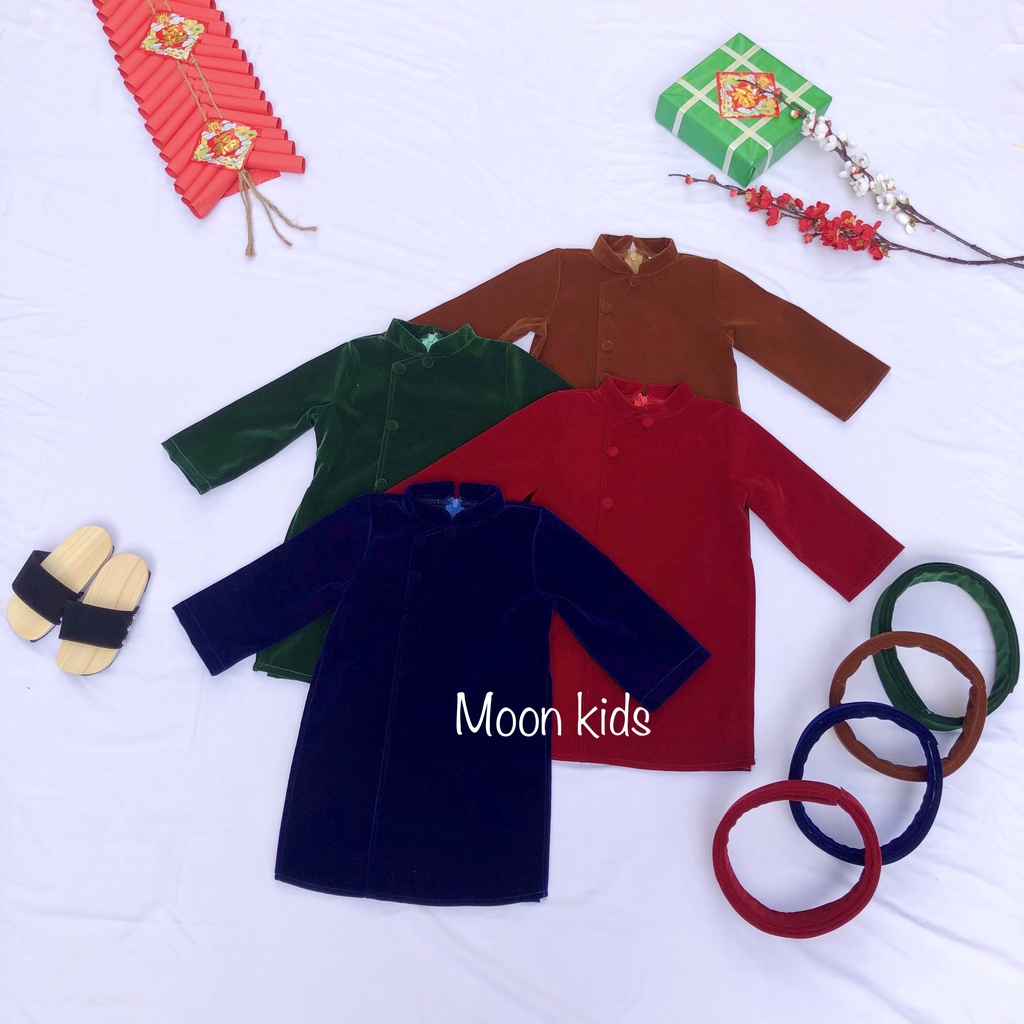 Áo Dài Tết Cho Bé Trai Chất Liệu Nhung Có Mấn Đội Đầu Dễ Thương