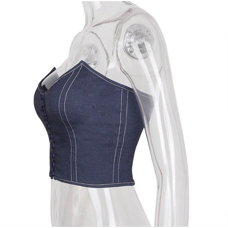 Áo Kiểu Chất Liệu Kaki Thun Cúp Ngực, [ADORABLE], Tube Jeans Phong Cách Âu Mỹ Hot Trend 2021 Ảnh Thật