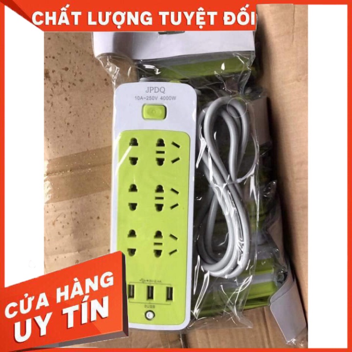 Ổ cắm điện đa năng chống giật màu xanh thông minh 3 cổng sạc, 6 ổ cắm tròn, ba ổ cắm 3 chân