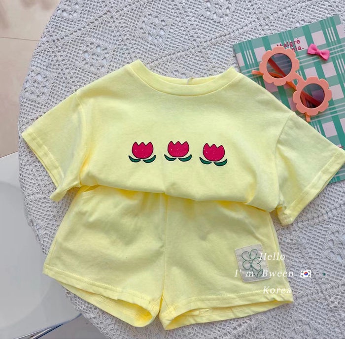 Set Áo Thun Tay Ngắn In Hoa + Quần Short Thời Trang Hè Hàn Quốc Mới 2023 Cho Bé Gái
