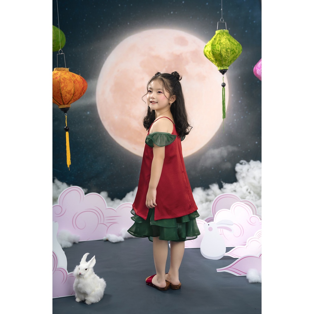 Váy trung thu cổ yếm bé gái ILABY in ngực tay cánh tiên chất liệu tơ lụa mềm mại cho bé 10-35kg