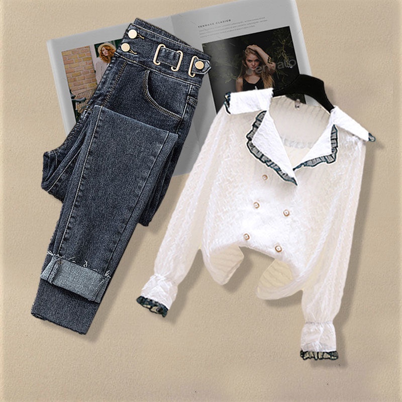 Set áo sơ mi phối ren + quần jeans ống rộng thời trang nữ tính