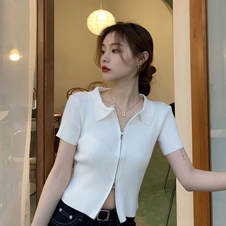 Áo Croptop Dệt Kim Tay Ngắn Phối Khoá Kéo Thời Trang Mùa Hè Cho Phái Nữ