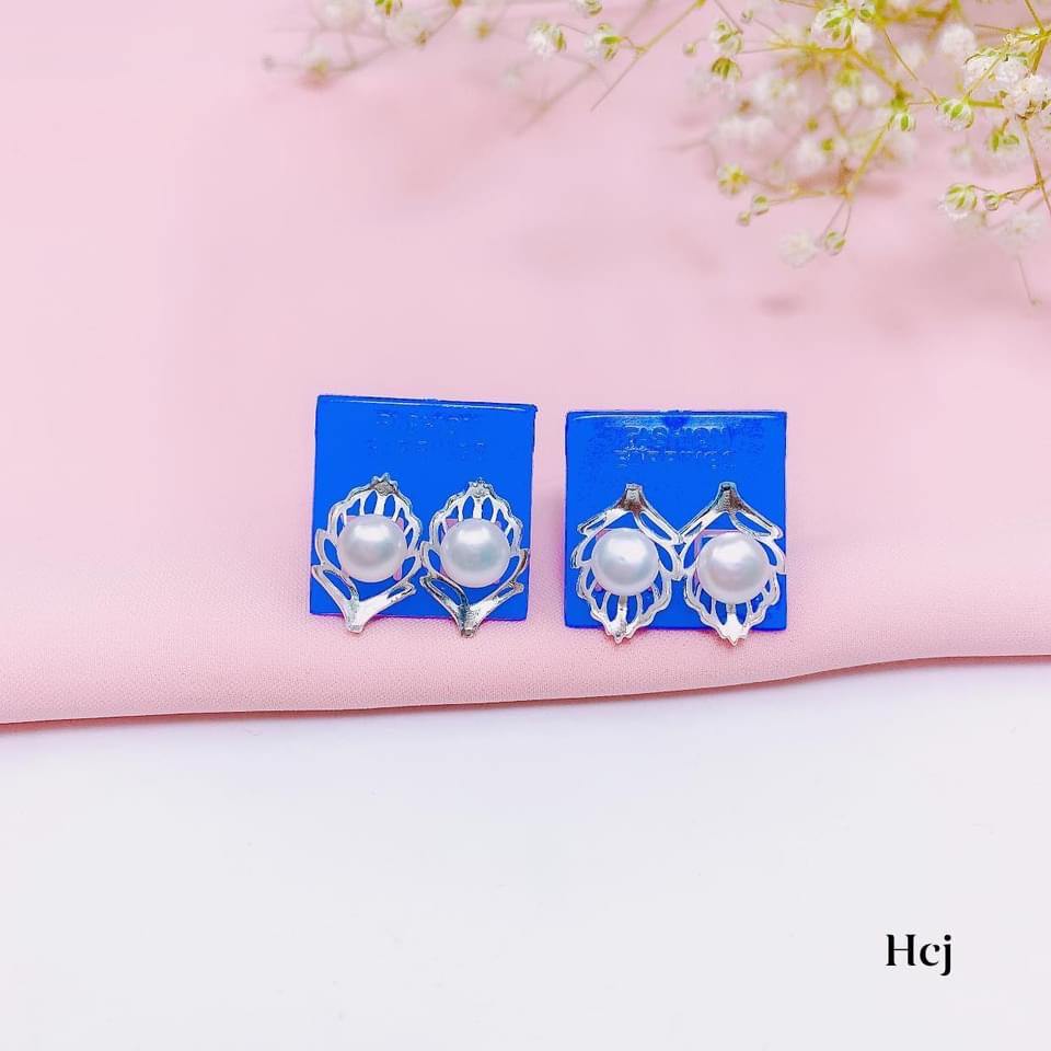 Bông tai nữ bạc thật, khuyên tai lá gắn hạt trai nhân tạo sang chảnh - Kho sỉ bạc Nhất Linh