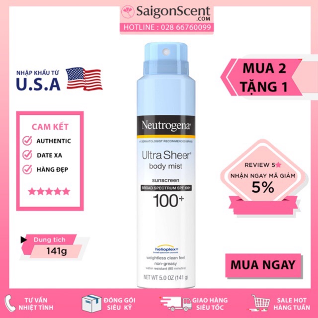 Xịt chống nắng Neutrogena Ultra Sheer Body Mist Sunscreen SPF 100+ ( 141g )