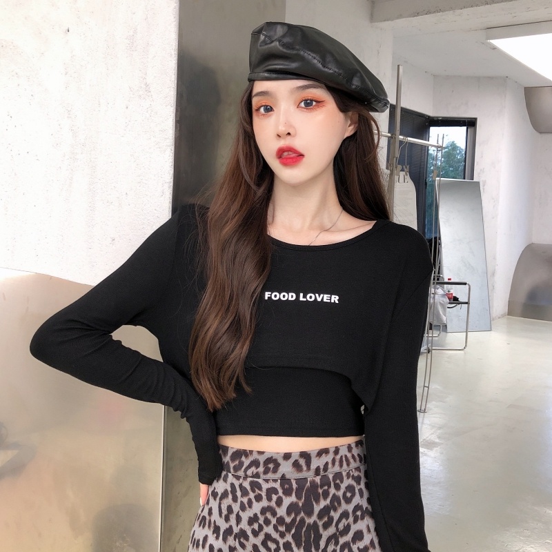 ZHELIHANGFEI Áo Thun Tay Dài + Quần Lưng Cao Kiểu Dáng Sexy Dễ Phối Đồ