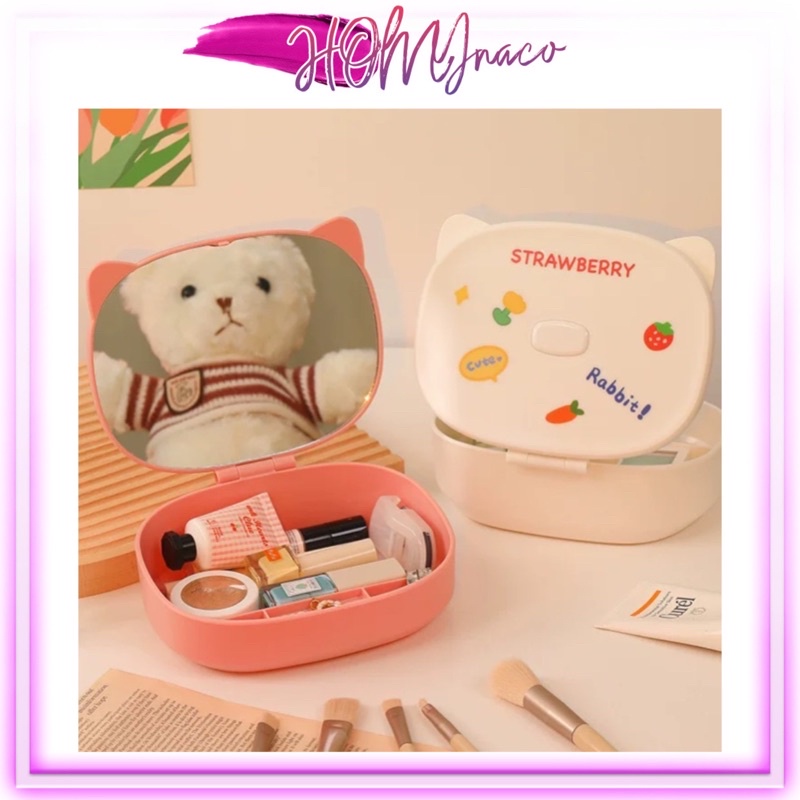 [Tặng Sticker] Gương tai mèo cute - Hộp đựng đồ makeup có gương tiện lợi đi du lịch