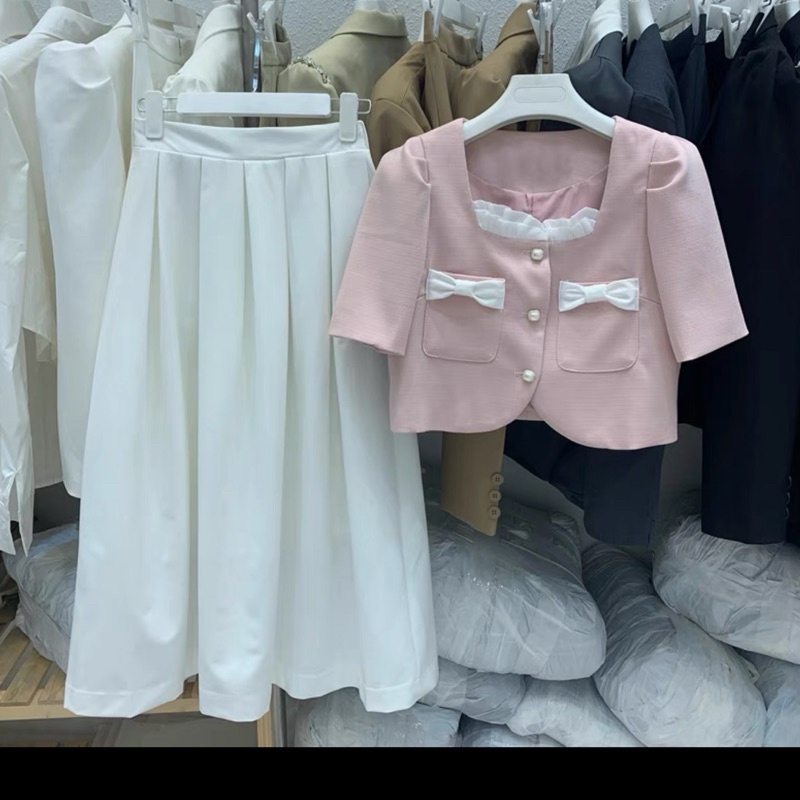 Set áo tiểu thư tay phồng kèm chân váy xếp ly dáng dài công sở phối nơ dễ thương