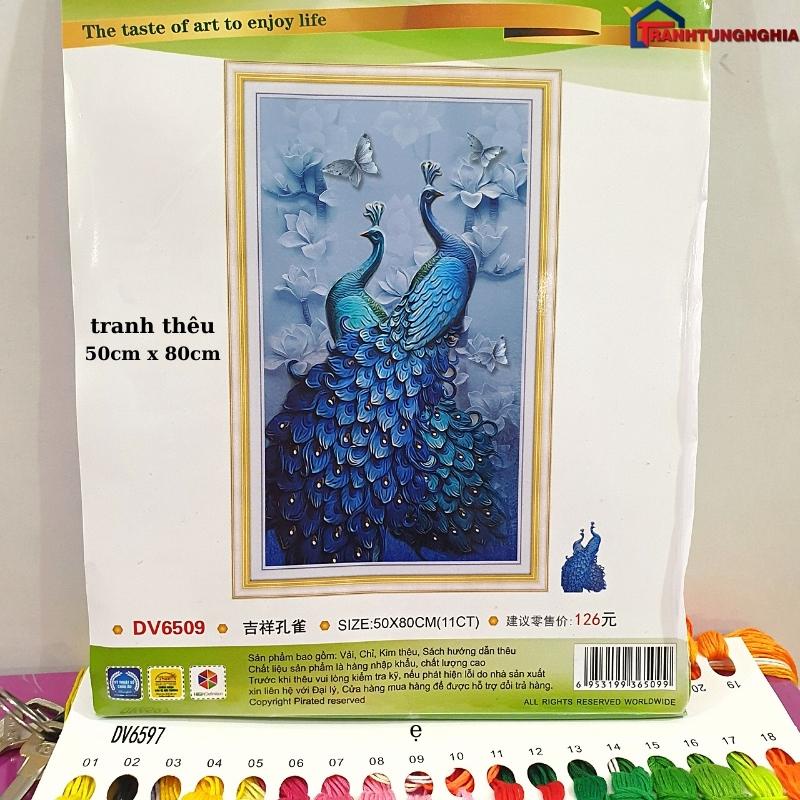 Tranh đính đá, tranh thêu chữ thập đôi công phú quý cát tường 50cm x 80cm