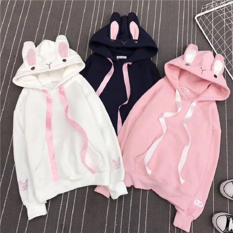 Áo Khoác Hoodie Tay Dài Vải Cashmere Phối Nhung Thêu Hình Tai Thỏ Màu Hồng Dễ Thương Cho Nữ