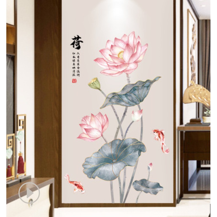 Decal dán tường trang trí - HOA SEN HỒNG CÁ CHÉP TAO NHÃ