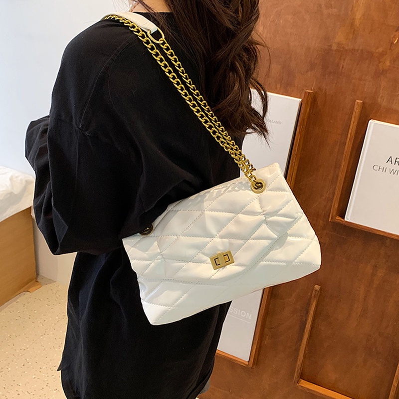 Túi Đeo Vai Họa Tiết Hình Thoi Màu Đen Phối Dây Xích Thời Trang Cho Nữ