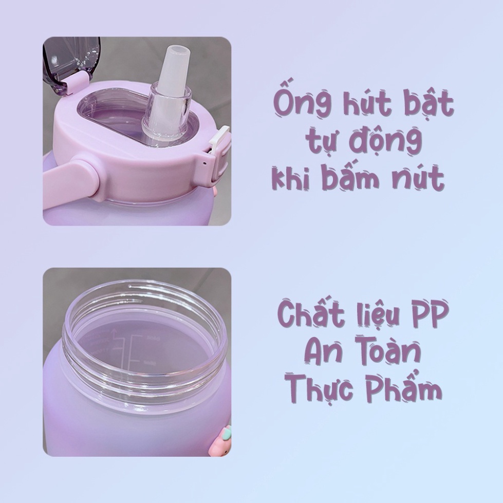 [ SIÊU RẺ - GIÁ TẠI XƯỞNG] Bình nước 2 lít tặng Sticker/ Bình nước cute 2L có ống hút, vạch chia nhắc giờ