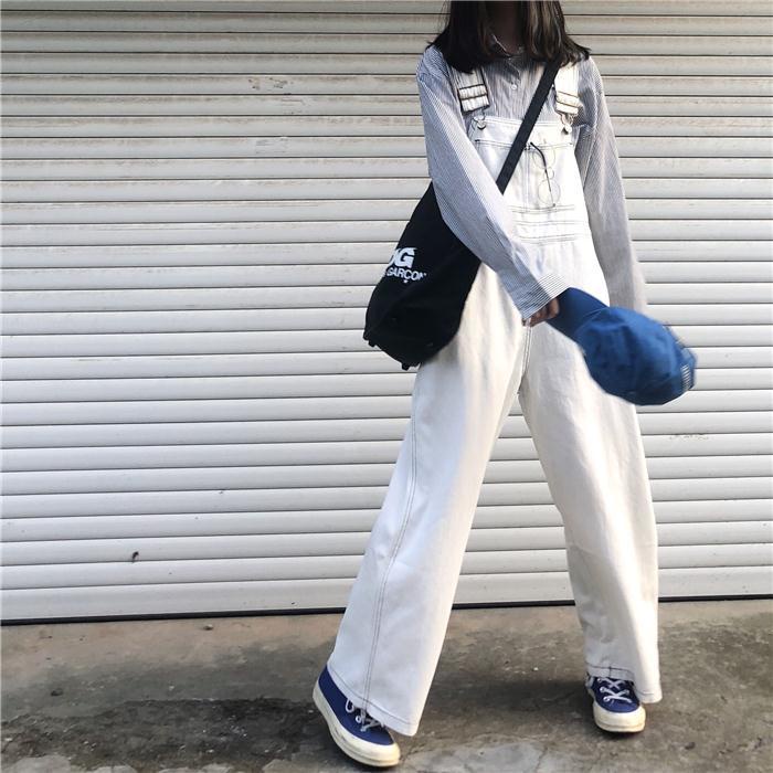 Quần yếm denim ống rộng phong cách retro thời trang cho nữ