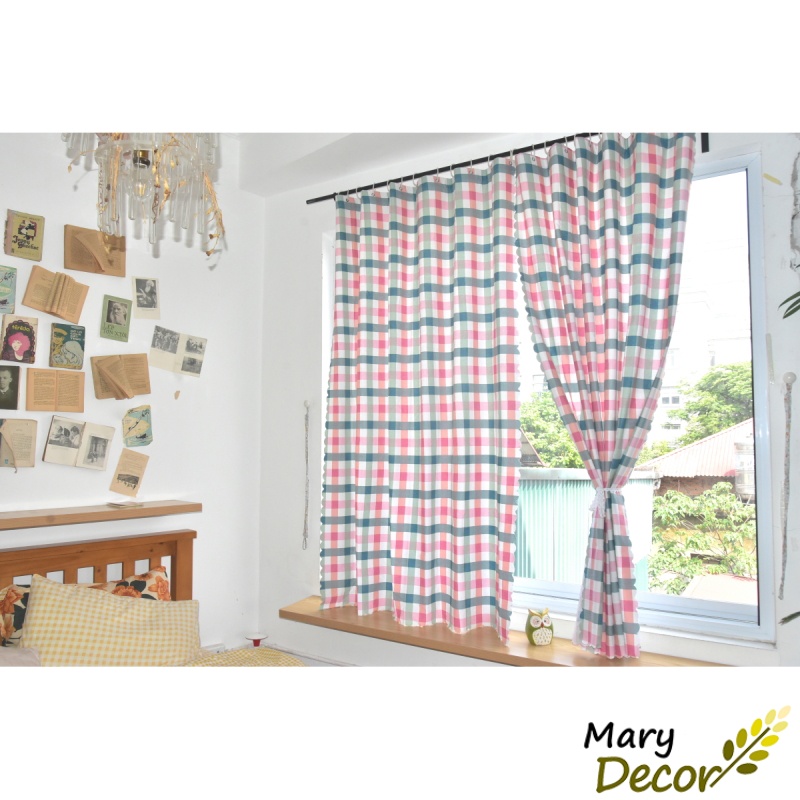 Rèm cửa chính vải cao cấp chống nắng phù hợp trang trí phòng ngủ và phòng khách chất liệu cotton Caro xanh hồng R-CC21