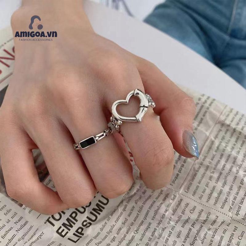 ✨✨Set nhẫn 17KM màu bạc đơn giản mỏng khoét rỗng hình trái tim phụ kiện trang sức cho nam nữ