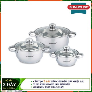 BỘ NỒI 3 ĐÁY INOX SUNHOUSE SH 334 SỬ DỤNG ĐƯỢC BẾP TỪ  ( 3 CỠ NỒI 16-20-24CM )