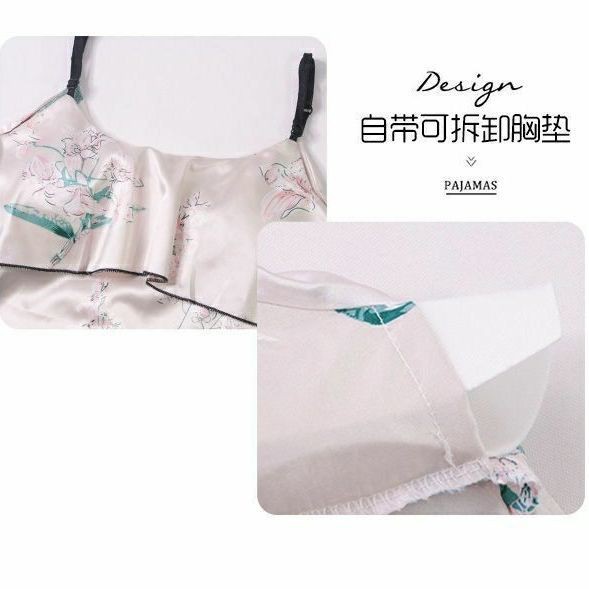 Phiên bản Hàn Quốc Bộ đồ ngủ lụa băng cô gái dễ thương, váy quây mỏng, cà vạt chữ V, đệm ngực, ngủ, dịch vụ tại nh