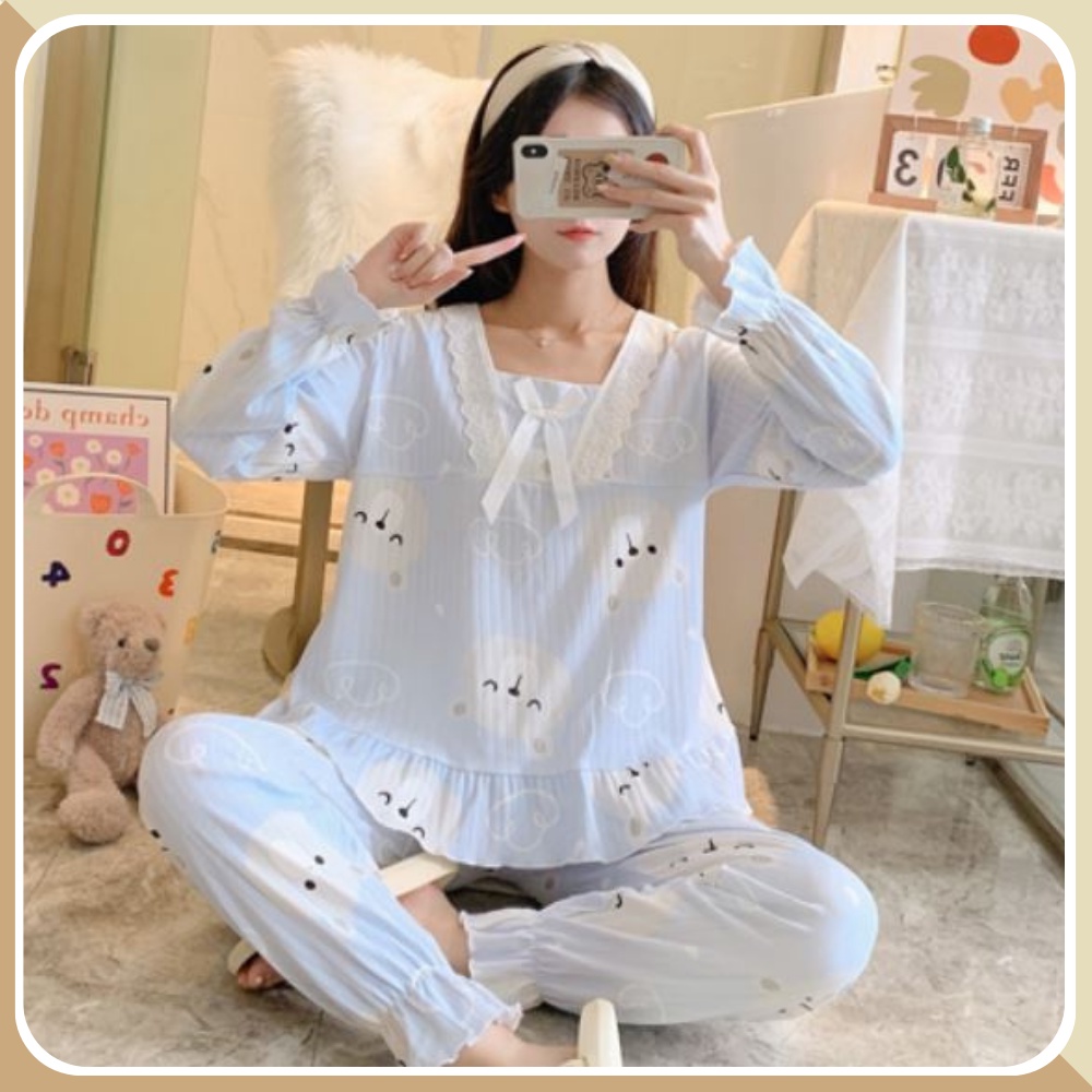 Bộ pijama dài tay tiểu thư phối ren sang trong, cotton tăm Nogin - BT05