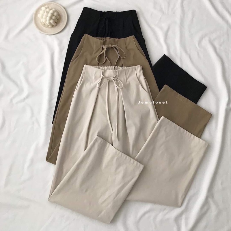 Quần Kaki Ống Rộng Buộc Nơ Eo - Quần Culottes Phong Cách Hàn Quốc Ống Suông