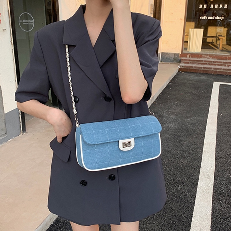 Túi đeo chéo IELGY vải denim phối dây xích phong cách retro