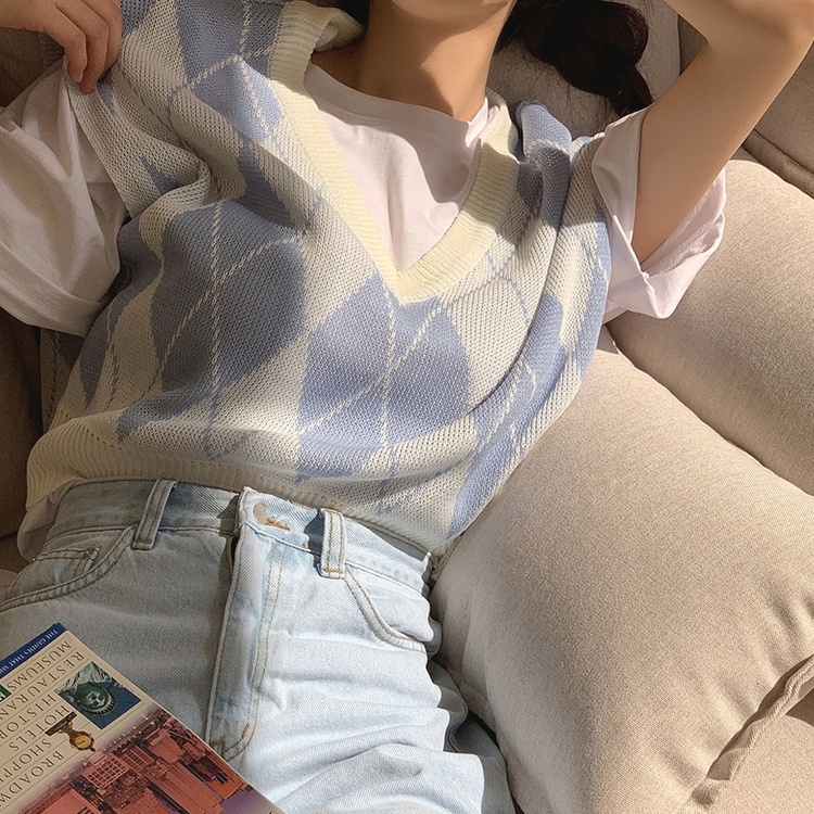 Xiaozhainv Áo Dệt Kim Cổ Chữ V Họa Tiết Sọc Caro Phong Cách Retro Hàn Quốc Thời Trang Cho Nữ