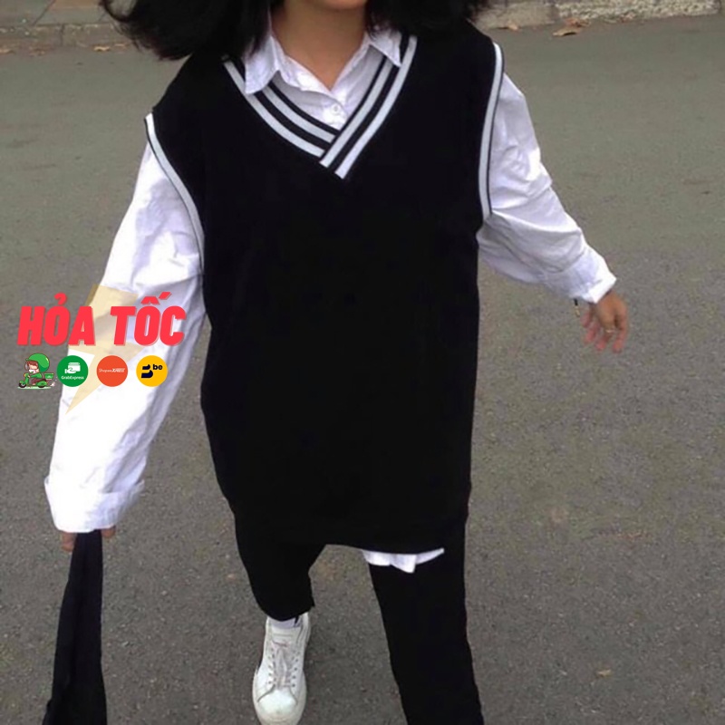 Áo gile nam nữ unisex cổ v phối viền sọc - Áo ghi lê unisex style ulzzang