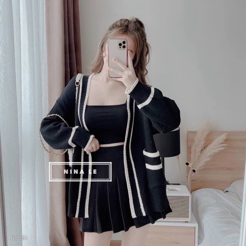 Cadigan len Nữ chạy viền có túi Ulzzang