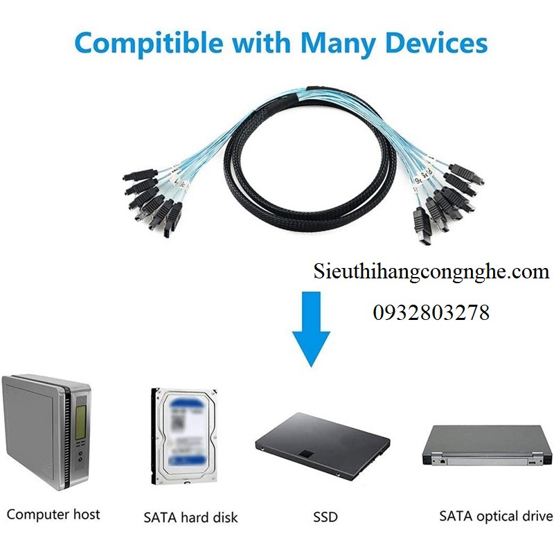 Cáp SAS SATA III 6Gbps 6 cổng dài 1M cho SERVER/PC SATA 7 Pin Sang SATA 7 Pin